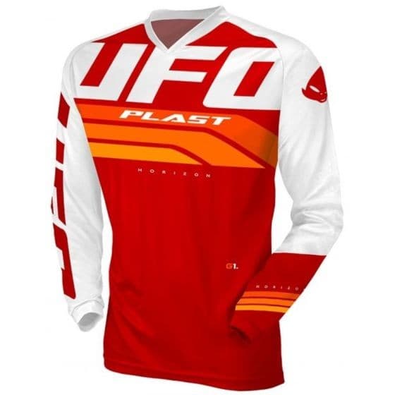 Red and white long-sleeve jersey featuring bold "UFO" branding, a V-neck design, and orange accents, made from lightweight material suitable for motocross.