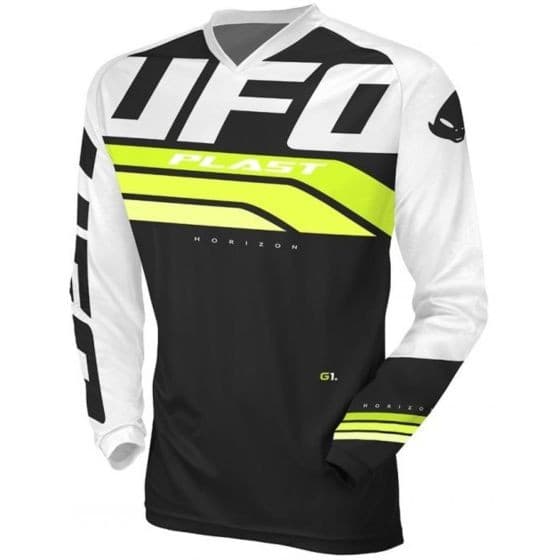 Black and green long-sleeve jersey featuring bold "UFO" and "PLAST" graphics, with white sleeves and a sporty design, made from lightweight material.