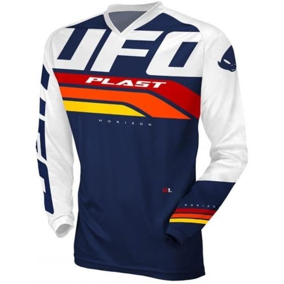 Blue and white long-sleeve jersey featuring bold "UFO" branding, vibrant orange and red stripes, and a V-neck design, made from lightweight, breathable material.