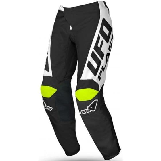 Black and green motocross trousers featuring a sleek design, with prominent UFO branding, padded knee areas, and reflective accents for visibility.