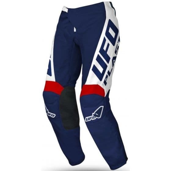 Blue and white motocross pants featuring a bold "UFO" logo, knee padding, and a comfortable fit, designed for performance in UK size 34.