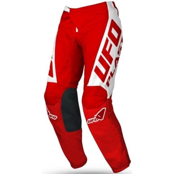 Red and white motocross trousers featuring the "UFO" logo, made from durable material with padded knee sections for protection and comfort.