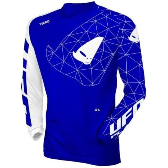 Blue and white long-sleeve jersey featuring a geometric alien design, made from lightweight material, with "UFO" and "Tecno" branding on the sleeves.