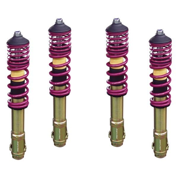 Vogtland Fixed Damping Coilover Kit featuring four shock absorbers with gold metal bodies, purple springs, and black rubber tops, designed to lower vehicles by 35-60mm.