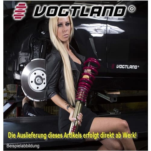 Vogtland Fixed Damping Coilover Kit in vibrant purple and gold, featuring adjustable height settings, displayed next to a car with visible brake components and a model in a sleek outfit.