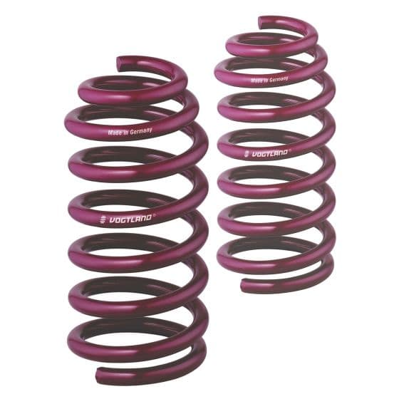 Purple lowering springs with a glossy finish, featuring the "Vogtland" logo, designed to lower the front of a vehicle by 45mm, made in Germany.