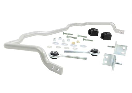 Whiteline BBR38Z 22mm rear adjustable sway bar in white, accompanied by black bushings, mounting brackets, and various hardware for 00-02 BMW 3 Series E36.