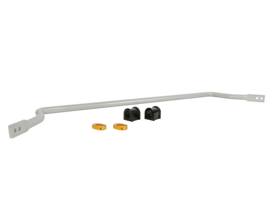 Whiteline BMF23Z 24 mm front heavy-duty adjustable sway bar in white, featuring two black bushings and two yellow brackets, designed for 1998-2002 Miata NB models.