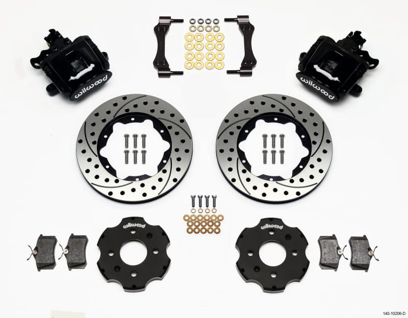 Wilwood 140-10206-D rear brake kit featuring black calipers, drilled rotors, brake pads, and hardware for installation, designed for enhanced braking performance.