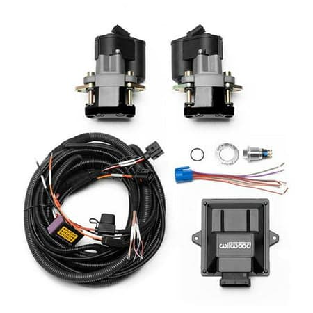 Black rotor electronic parking brake rear retrofit kit by Wilwood, featuring two motors, wiring harness, and various connectors for installation.