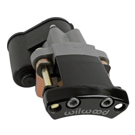 Wilwood Retrofit Electronic Park Brake Kit in black, featuring a robust metal construction with a sleek design, includes mounting points and a compact actuator for easy installation.