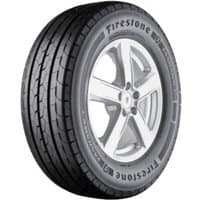 Firestone Vanhawk 3 tire, black with detailed tread pattern and white sidewall lettering, mounted on a silver alloy wheel.