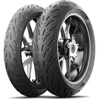 Michelin Road 6 motorcycle tyre, 160/60 ZR17, black tread with curved grooves, rear fitment, sleek design.