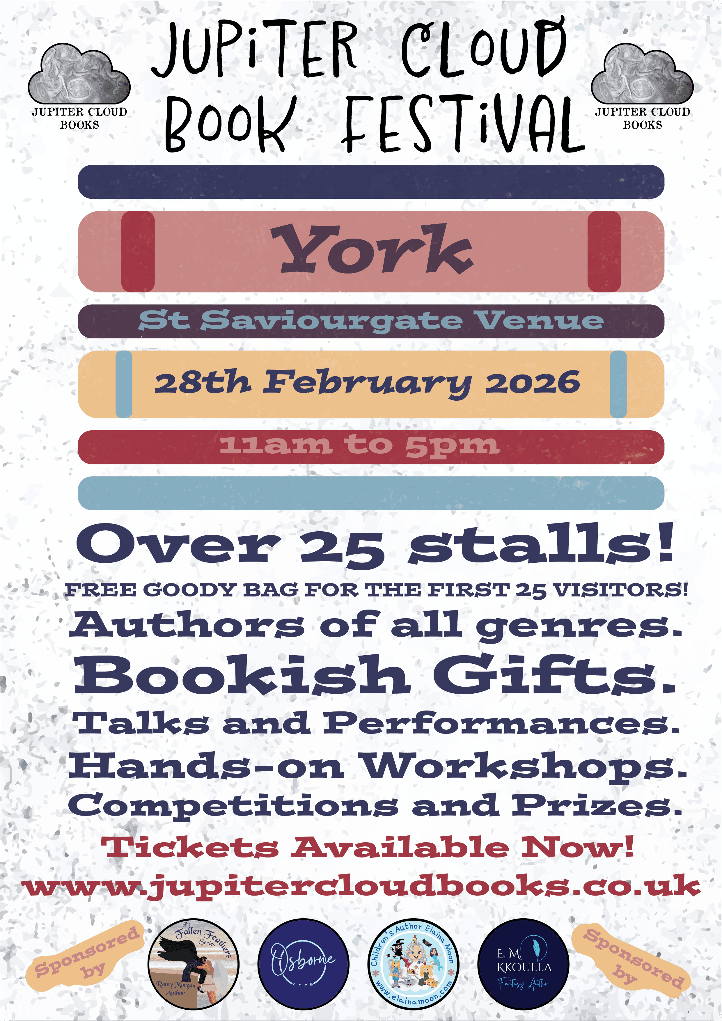 Colorful poster for the Jupiter Cloud Book Festival in York, featuring event details and vibrant illustrations.