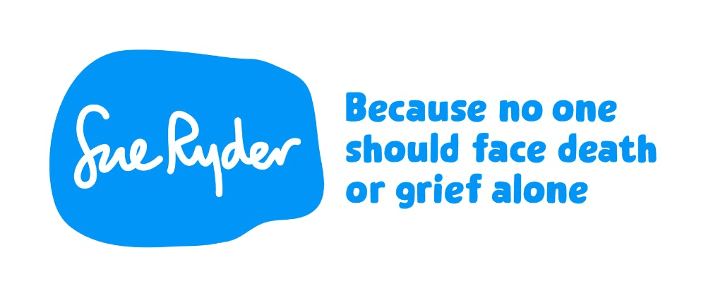 Bright blue logo of Sue Ryder with the slogan, "Because no one should face death or grief alone," on a white background.