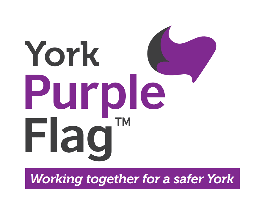 Purple flag logo for York, symbolizing safety and community collaboration, featured prominently on a white background.