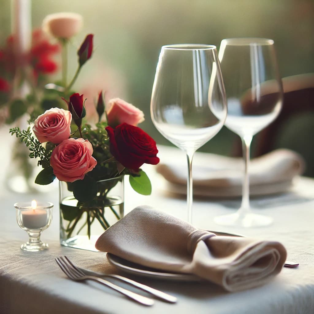 Elegant table setting with roses and wine glasses