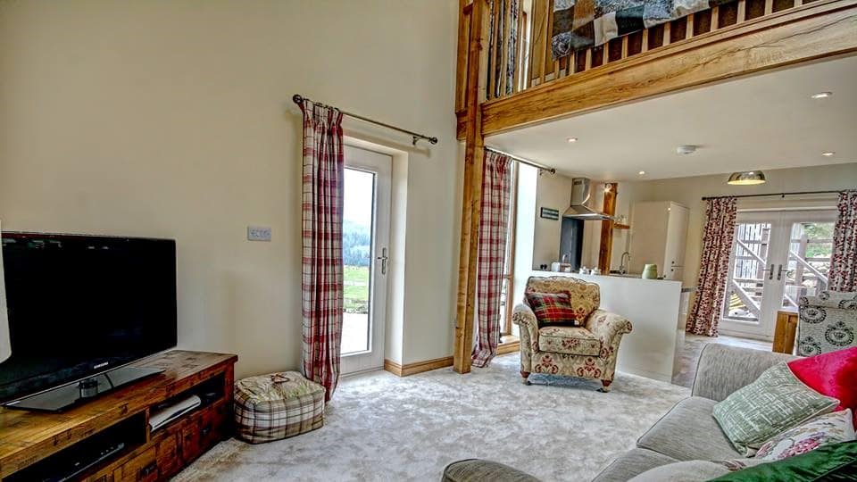 Cozy living area with a TV, patterned armchair, and large windows showcasing scenic views in a holiday cottage.