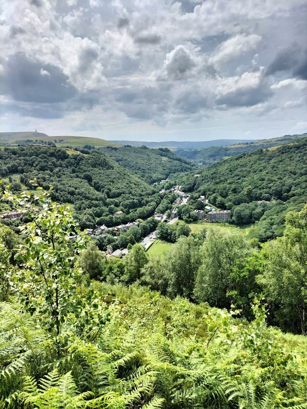 Lush green hills and valleys under a cloudy sky, with a village nestled among the trees in Chiserley, Yorkshire.