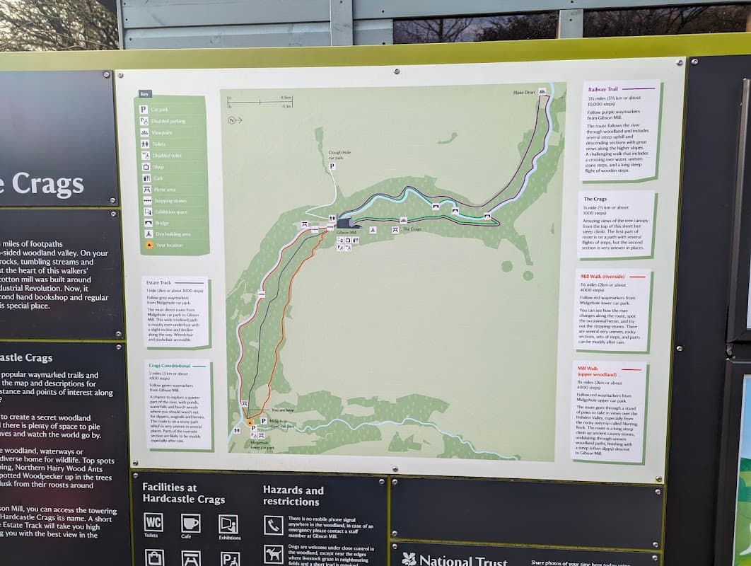 Map of Hardcastle Crags with trails, facilities, and hazards, displayed at the car park in Chiserley, Yorkshire.