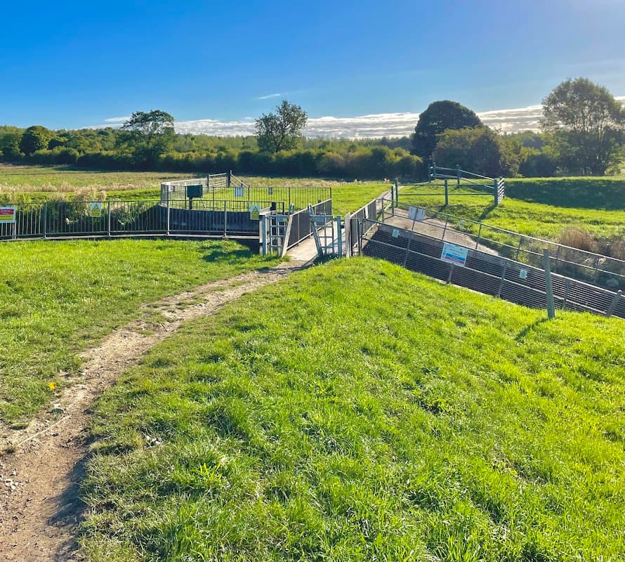 A grassy path leading to a fenced bridleway with gates, surrounded by fields under a clear blue sky.