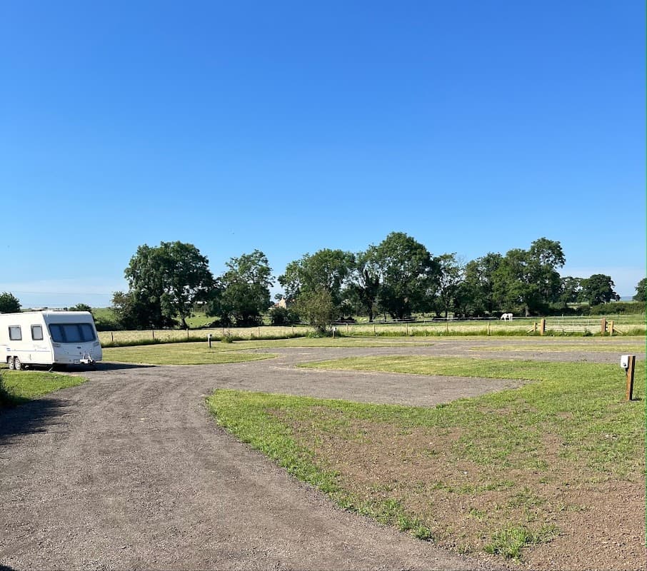A gravel pathway leads to a grassy area with trees and a clear blue sky at Low Hall Farm, Hunton, Yorkshire.