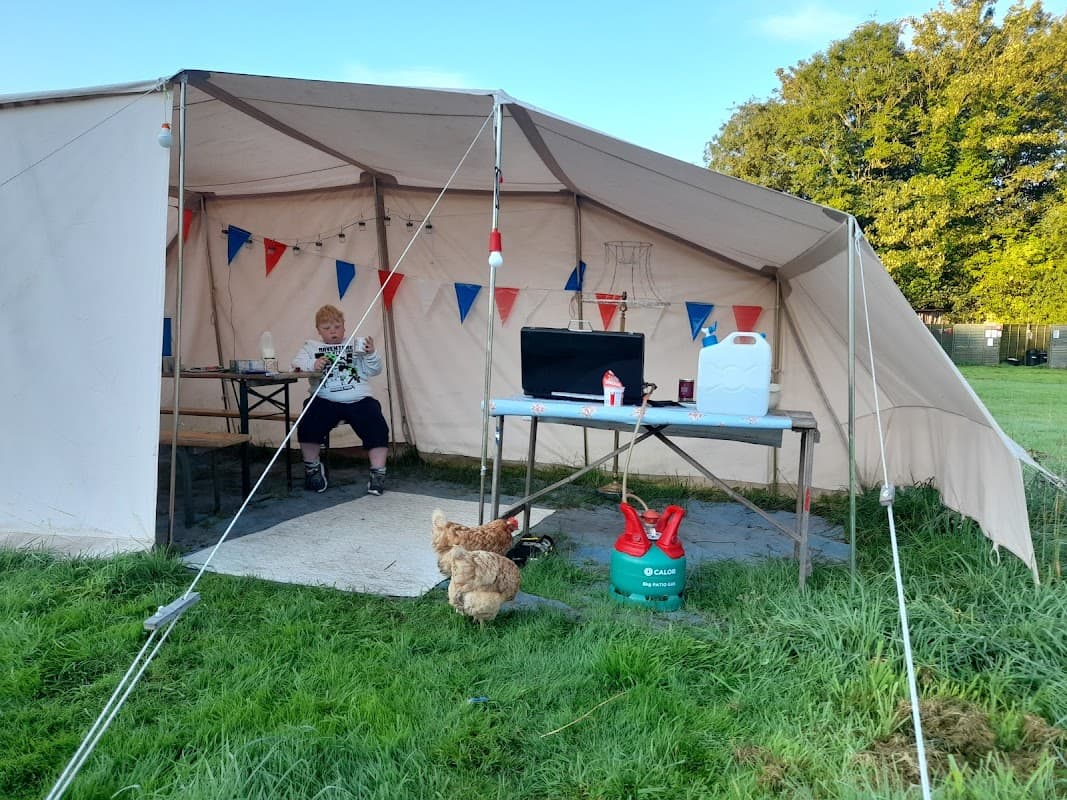 A canvas tent with bunting, a table with supplies, and a person sitting, alongside a chicken on the grass.