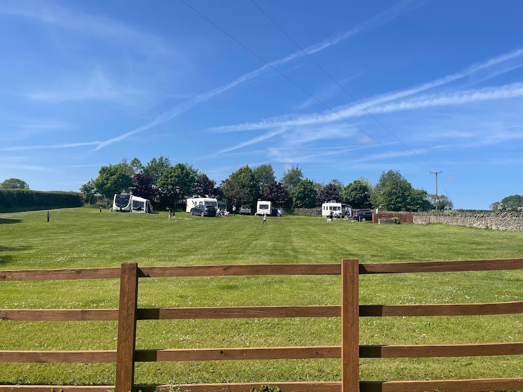 Green lawn with caravans parked, surrounded by trees under a clear blue sky with wispy clouds. Wooden fence in foreground.