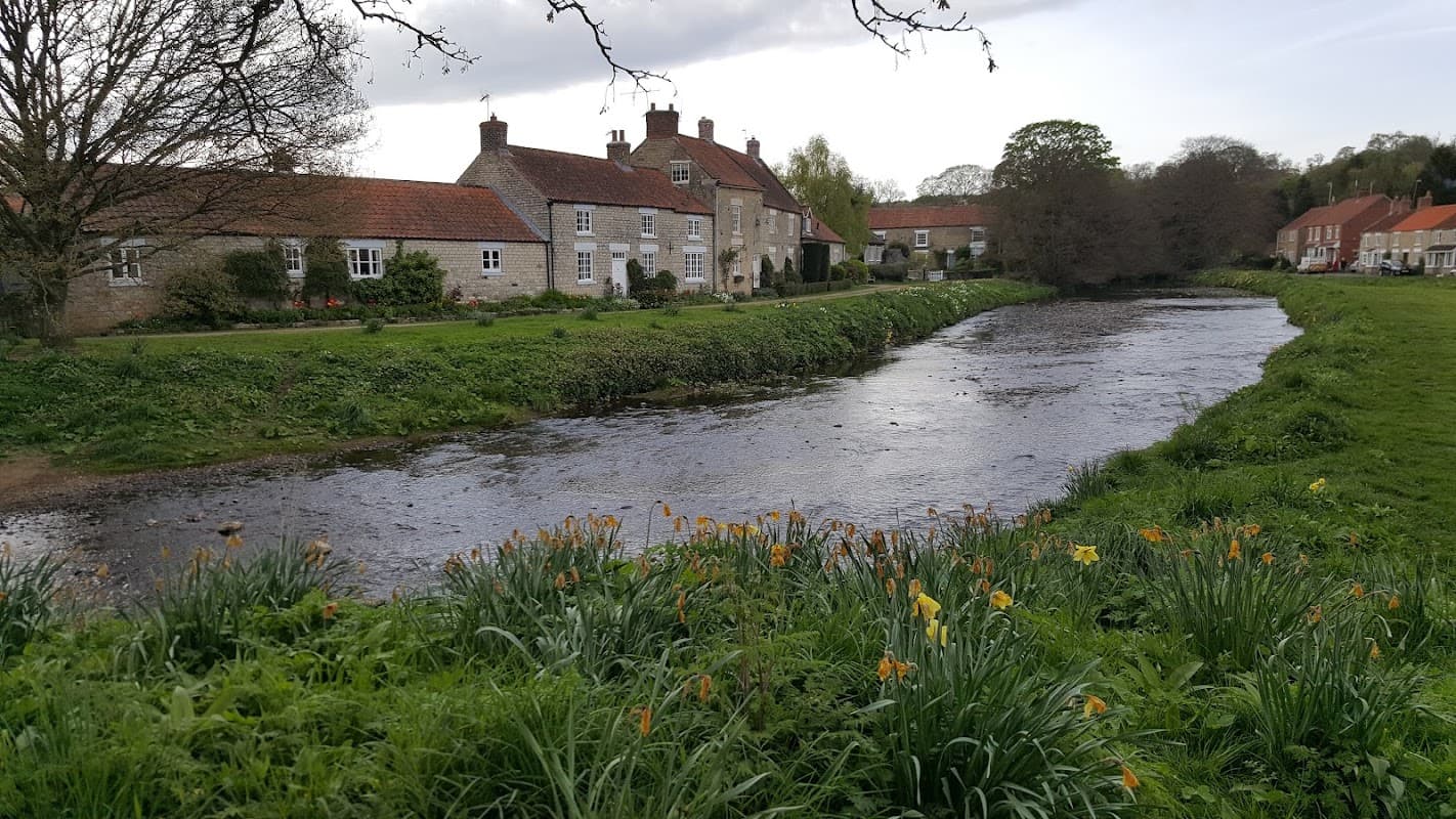 Charming cottages line a riverbank, with blooming daffodils in the foreground and lush greenery surrounding the scene.