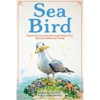 "Sea Bird book cover with a seagull holding a pencil, watercolor background, and decorative border"