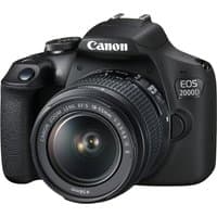 Black Canon EOS 2000D DSLR camera with EF-S 18-55mm IS II lens, textured grip, and prominent Canon branding.
