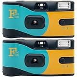 Disposable camera twin pack, yellow and teal design, built-in flash, 27 exposures, FotoFilm branding.
