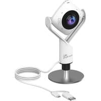 White and black j5create JVCU360 webcam with 360° rotation, 1080p resolution, mounted on a stand with USB cable.