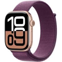 Apple Watch Series 10, 46mm rose gold aluminum case, plum sport loop, digital display showing time.