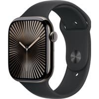 Apple Watch Series 10, 46mm slate titanium case, black sport band, sleek design with digital display.