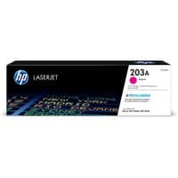 HP 203A magenta LaserJet toner cartridge in black box with colorful text and HP logo.