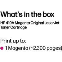 HP 410A Magenta LaserJet toner cartridge box with print capacity text and magenta dot graphic.