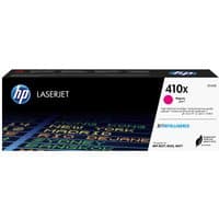 HP 410X magenta toner cartridge box with black background and HP logo, featuring colorful text design.