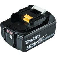 Makita 18V black cordless tool battery with white clip and yellow connector, 5.0Ah capacity printed on side.