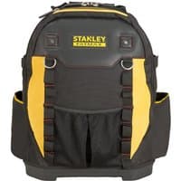 Black nylon Stanley backpack with yellow accents, multiple pockets, and padded shoulder straps by Black & Decker.