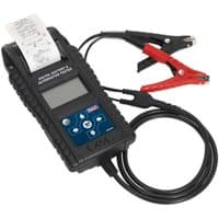Black Sealey digital battery tester with LCD screen, built-in printer, and red and black alligator clips.