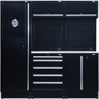 Black BUNKER modular storage combo with stainless steel worktop, tall cabinet, drawers, and pegboard.