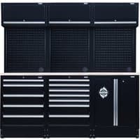 Black BUNKER modular storage combo with stainless steel worktop, featuring multiple drawers and cabinets.