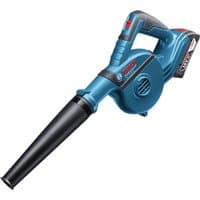 Blue Bosch cordless blower with ergonomic handle, black nozzle, and visible battery compartment.