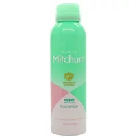 Mitchum Powder Fresh Deodorant Spray 200ml, green and pink can with white cap and logo.