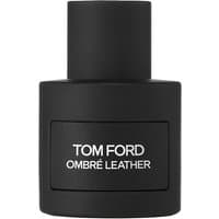 Black cylindrical bottle of Tom Ford Ombre Leather Eau de Parfum, 50 ml, with white text on front.