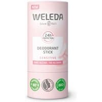 Weleda Deodorant Stick Sensitive 50g, pink packaging, 24h protection, alcohol-free, eco-friendly certification logos.