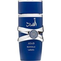 Blue Lattafa Asad Zanzibar Eau de Parfum bottle, silver accents, Arabic script, 100 ml men's spicy fragrance.